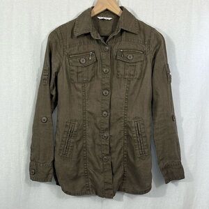 Cabi Sahara Linen Brown Utility Jacket Womens Size XS Buttons Pockets